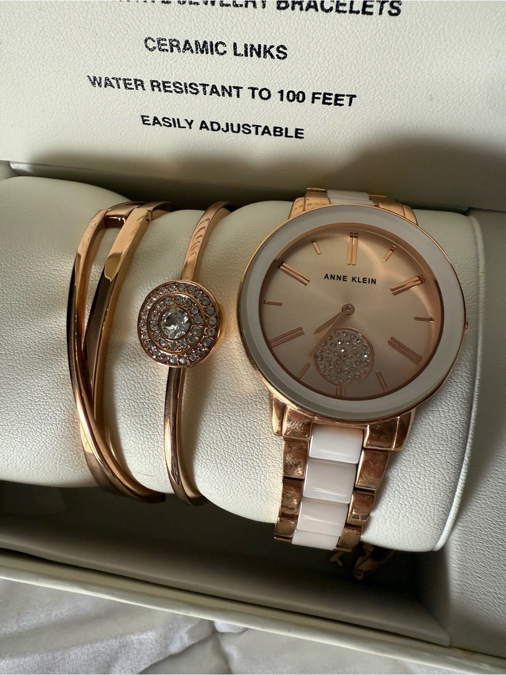 Anne Klein Rose Gold and White Ceramic Bracelet Watch Set with Crystal Accents